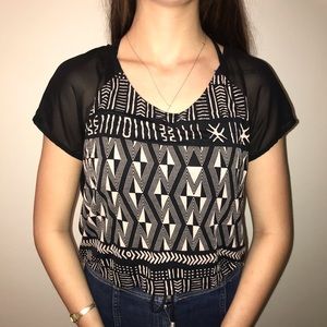 Black and Tan Patterned Semi Sheer Blouse